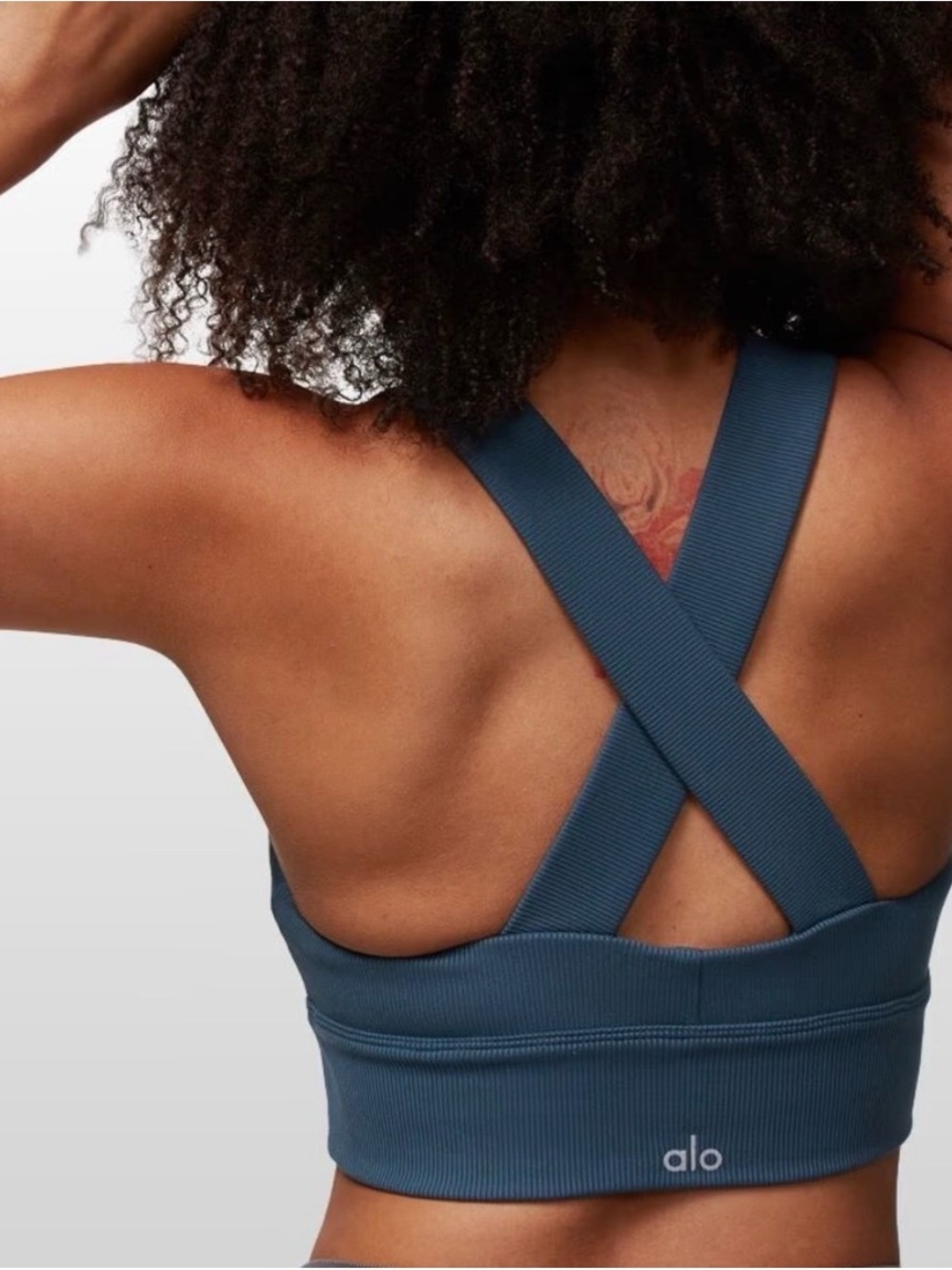 ALO Yoga Ribbed Cross-Strap Sports Bra in Deep Jade Blue “Emulate Bra”